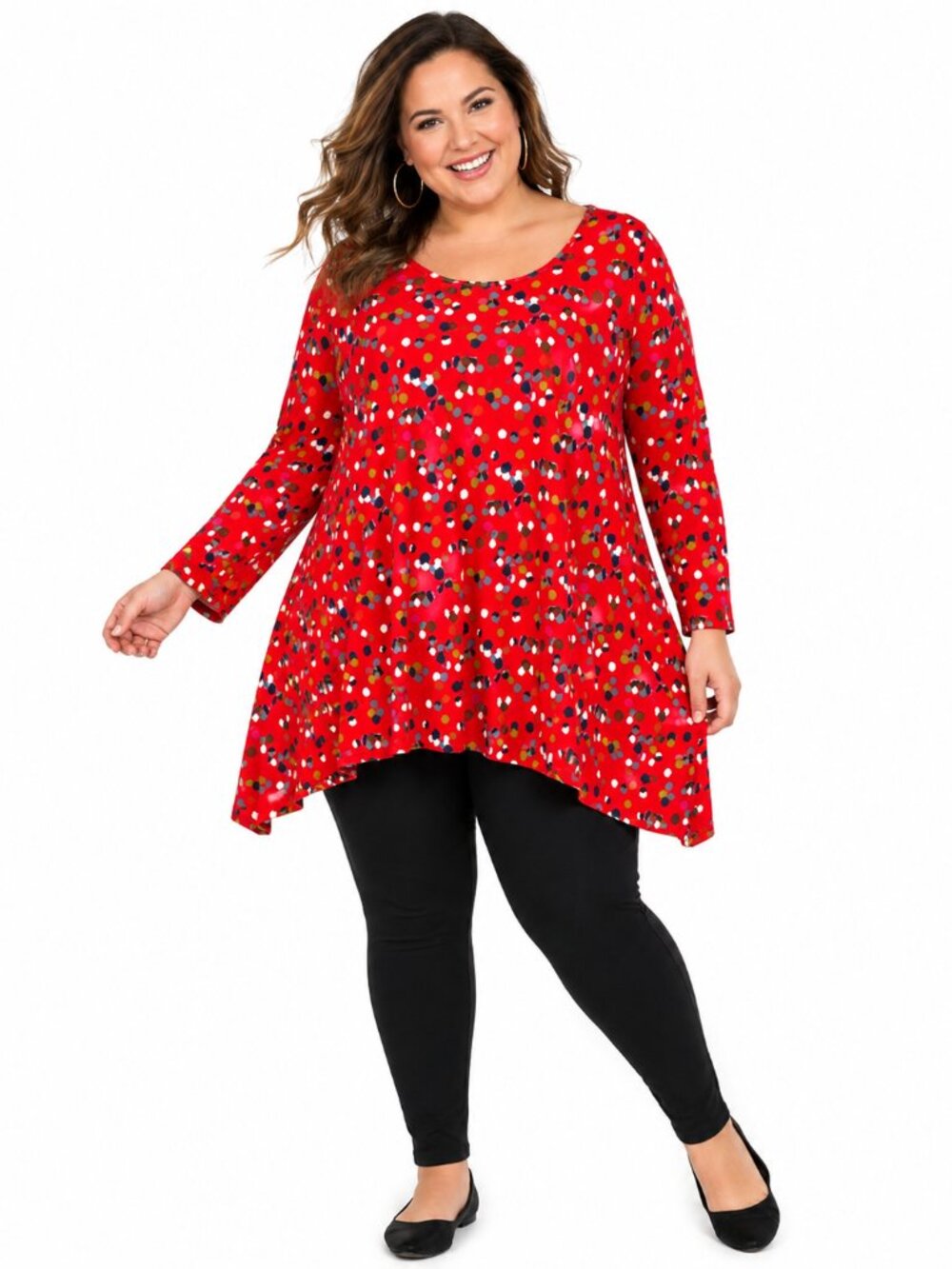 Ulla Popken Swing Tunic Top Plus 32/34 Red Polka Dot Abstract Artsy Comfort Fit